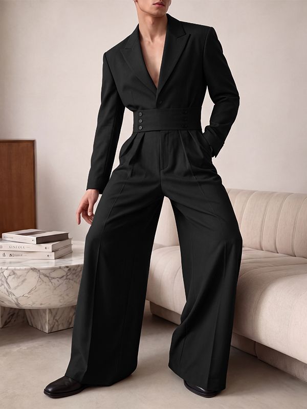 Men's Cocktail Party Wide Corset Waist Pleated Wide Leg Long Sleeve Lapel Collar Floor Length Jumpsuit SKUL81837