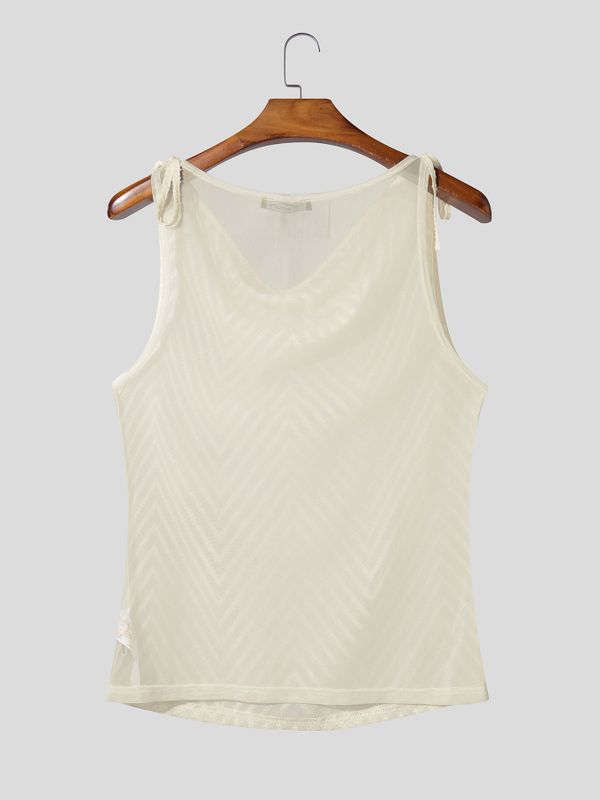 Men's Genderless Y2K Chevron Sheer Tie Strap Cowl Neck Slim Fit Tank SKUL72486
