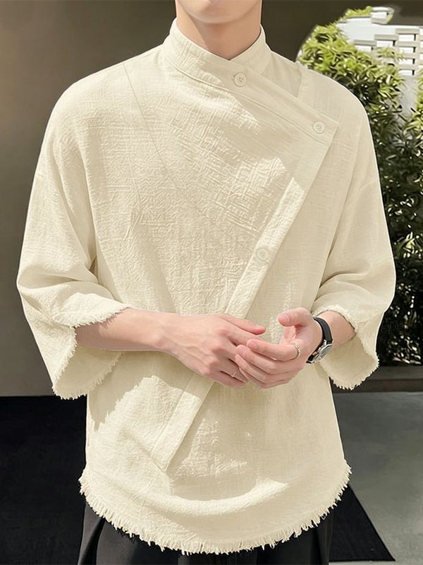 Men's Modern Chinese Zen Aesthetic Asymmetric Slant Button Raw Hem Short Sleeve Shirt SKUL71271