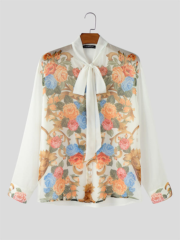 Mens Floral Print Semi-Sheer Long Sleeve Shirt SKUL10568