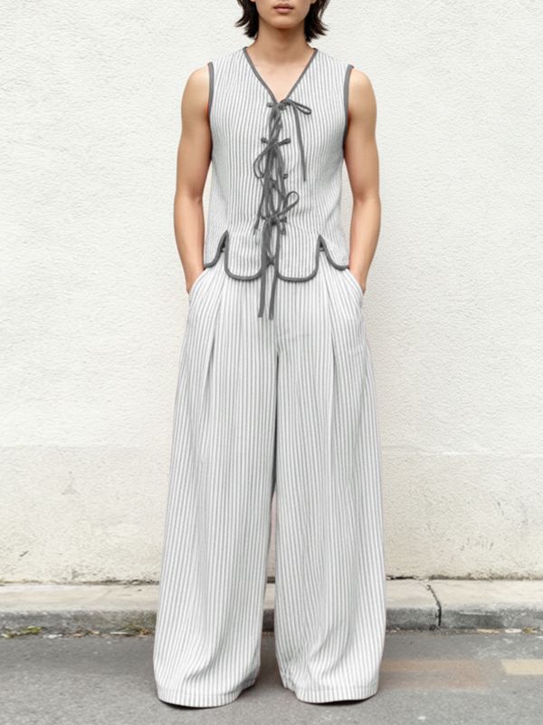 Men's Lace Up Patchwork Striped Two Pieces Outfit SKUL45397