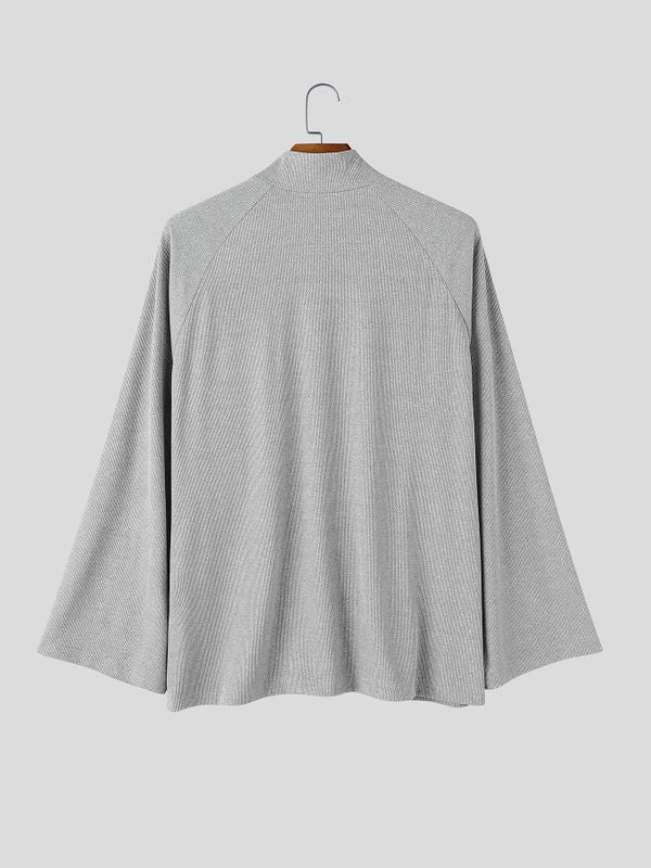 Men's Clean Fit Resort Wide Flared Sleeve Slit Henley Placket Long Sleeve Mandarin Collar T-shirt SKUL81833