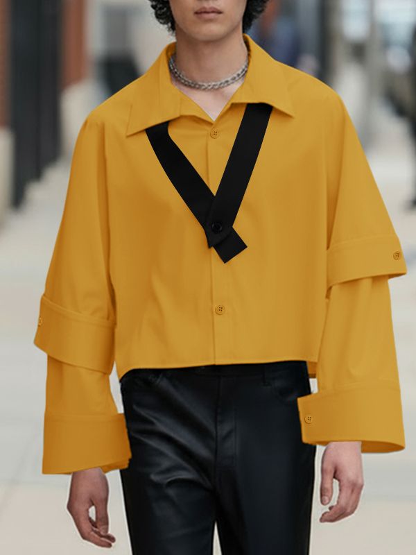 Men's Solid Color Layered Sleeve Long Sleeve Shirt SKUL43857