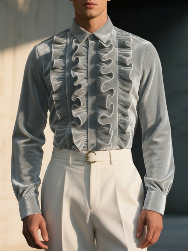 Men's Velvet Ruffle Long Sleeve Shirt SKUL42684