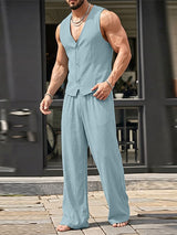 Men's Summer Casual Textured Deep V-Neck Two Pieces Outfit SKUL69692