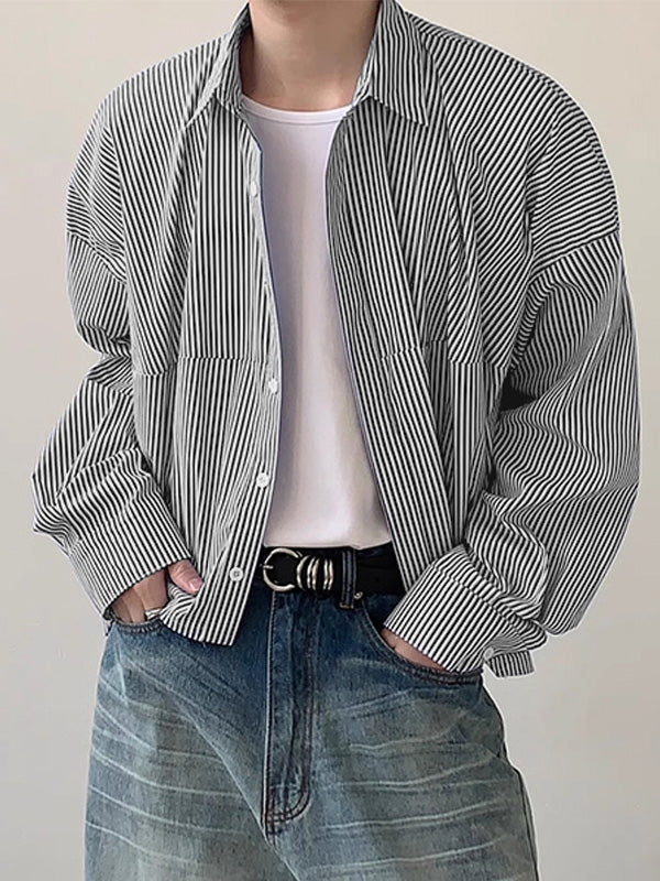 Mens Casual Solid Color Striped Long-Sleeve Shirt SKUK91957