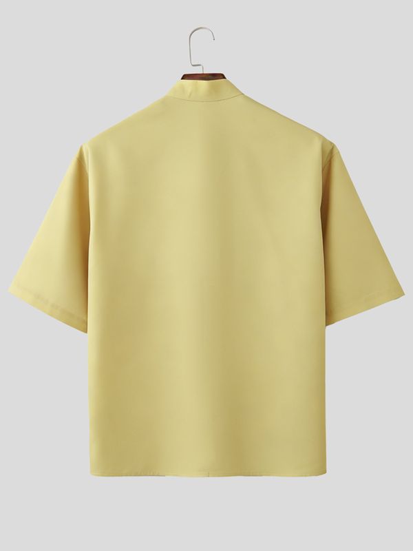 Men's Modern Neo-Chinese Ethnic Geometric Print Deconstructed Keyhole Stand Collar Short Sleeve Shirt SKUL60994