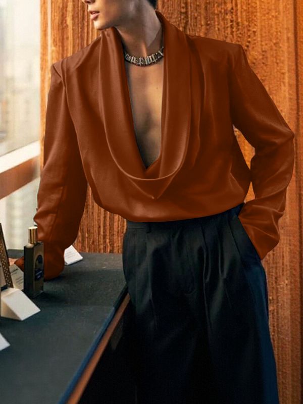 Men's Solid Color Cowl Neck Long Sleeve Shirt SKUL47944