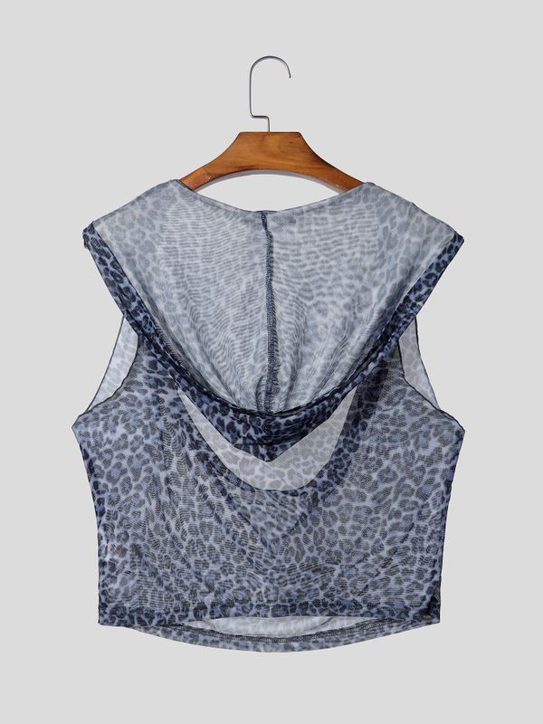Men's Sexy Avant-Garde Leopard Print Deep V-Neck Cowl Neck Hooded Crop Tank SKUL67092