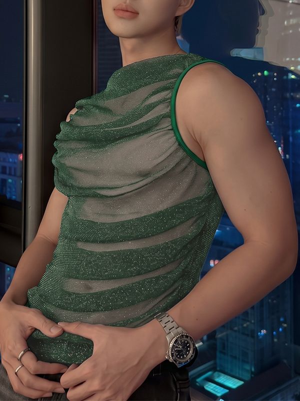 Men's Gender-Fluid Fashion Sheer Glitter Mesh Ruched Fit Tank SKUL72609