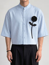 Men's Retro Resort Floral Applique Pocket Feel Drop Shoulder Half Sleeve Band Collar Shirt SKUL81852