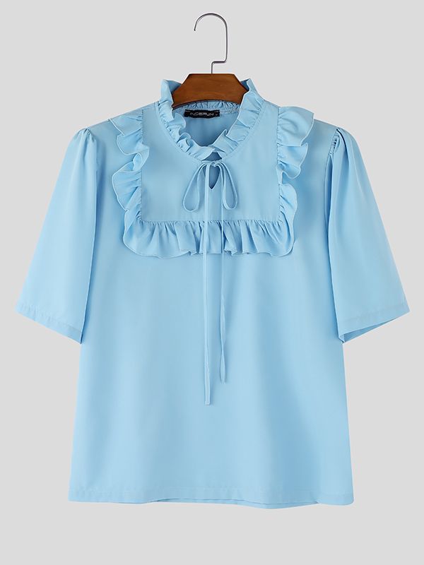 Men's Avant-Garde Romantic Ruffle Trim V-Neck Tie Front Puff Sleeve Shirt SKUL58757