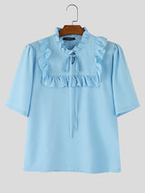 Men's Avant-Garde Romantic Ruffle Trim V-Neck Tie Front Puff Sleeve Shirt SKUL58757