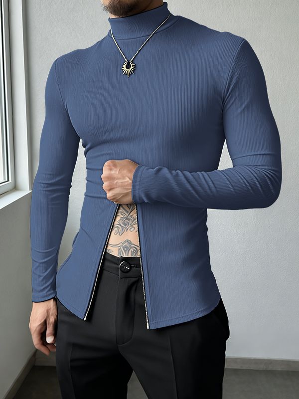 Men's Textured Half Zip High Neck Long Sleeve T Shirt SKUL37307