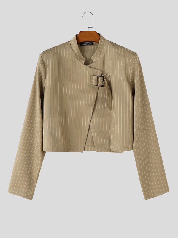 Men's Avant-Garde Pinstripe Stand Collar Asymmetrical Buckle Cropped Blazer SKUL77994