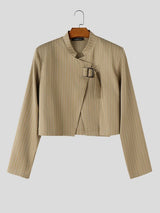 Men's Avant-Garde Pinstripe Stand Collar Asymmetrical Buckle Cropped Blazer SKUL77994