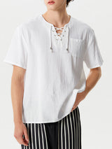 Mens Eyelet Drawstring Casual Short-sleeved Shirts SKUI90676