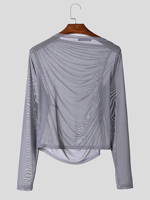Mens Sheer Ruched Cropped Long Sleeve T-Shirt SKUK97836