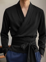 Men's Asymmetrical Placket Lace Up Cinched Waist Long Sleeve Shirt SKUL44020