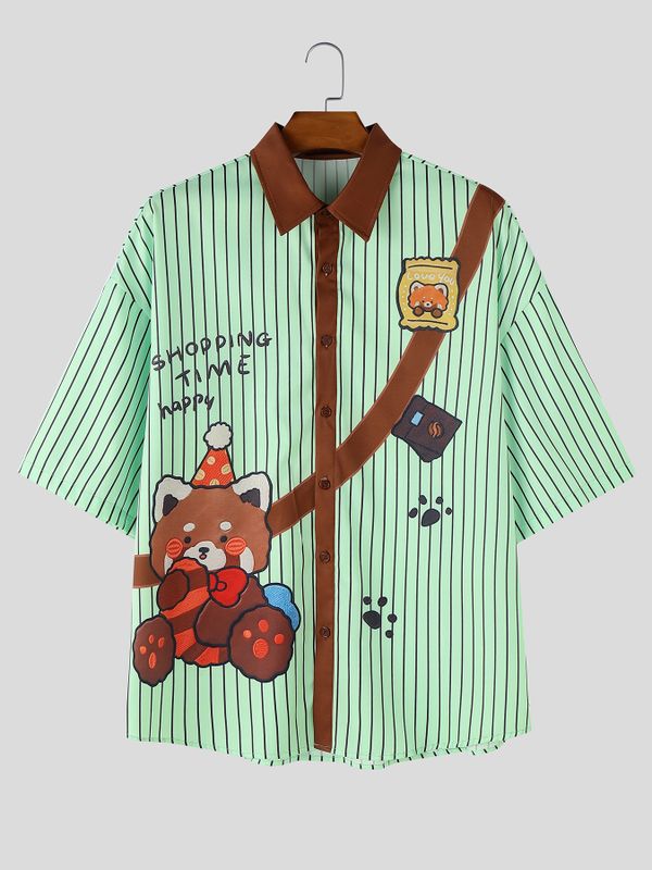 Men's Japanese Vintage Vertical Stripe Cartoon Bear Print Contrast Lapel Short Sleeve Shirt SKUL59664