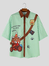Men's Japanese Vintage Vertical Stripe Cartoon Bear Print Contrast Lapel Short Sleeve Shirt SKUL59664