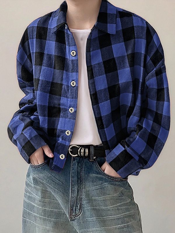 Men's Plaid Colorblock Long Sleeve Shirt SKUL32785