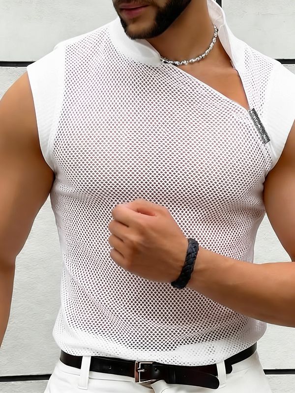 Men's Avant-Garde Asymmetrical Mock Neck Mesh Tank SKUL56627