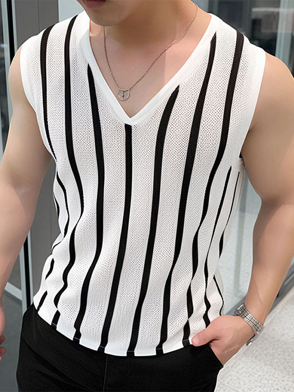 Mens Striped V-Neck Casual Sleeveless Vest SKUK52935