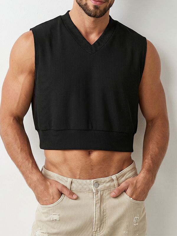 Men's High-Street Avant-Garde Deep Drop-Armhole Cropped Ribbed Knit Tank SKUL68415