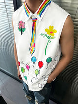 Men's Playful Avant-Garde Hand-Drawn Rainbow Tie Graphic Sleeveless Button-Up Shirt SKUL69069