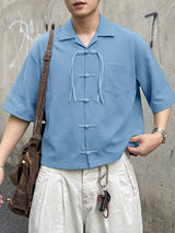 Men's Chinese Style Textured Frog Button Half Sleeve Shirt SKUL55386