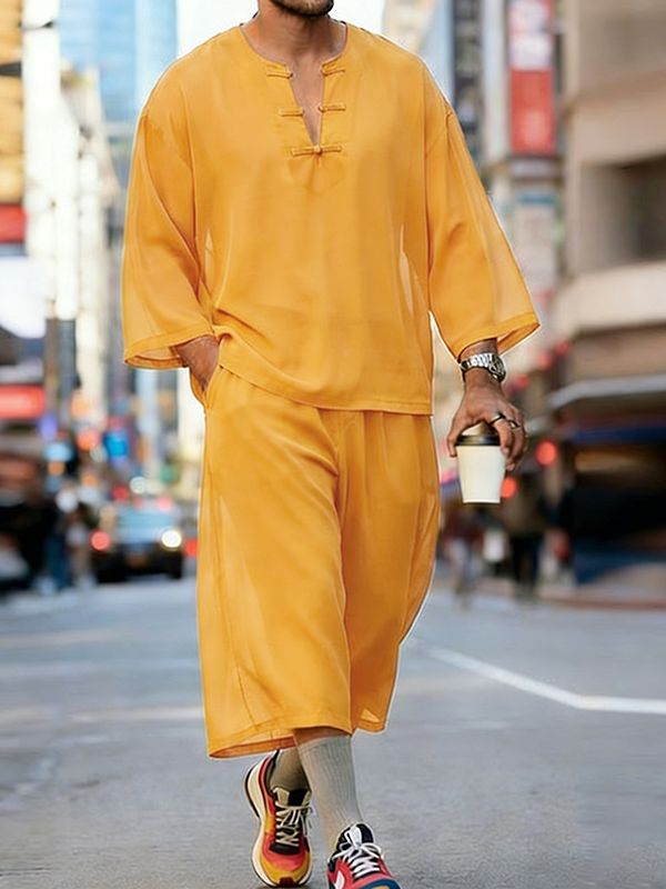 Men's New Chinese Style Sheer Frog-Button Two Pieces Outfit SKUL57733