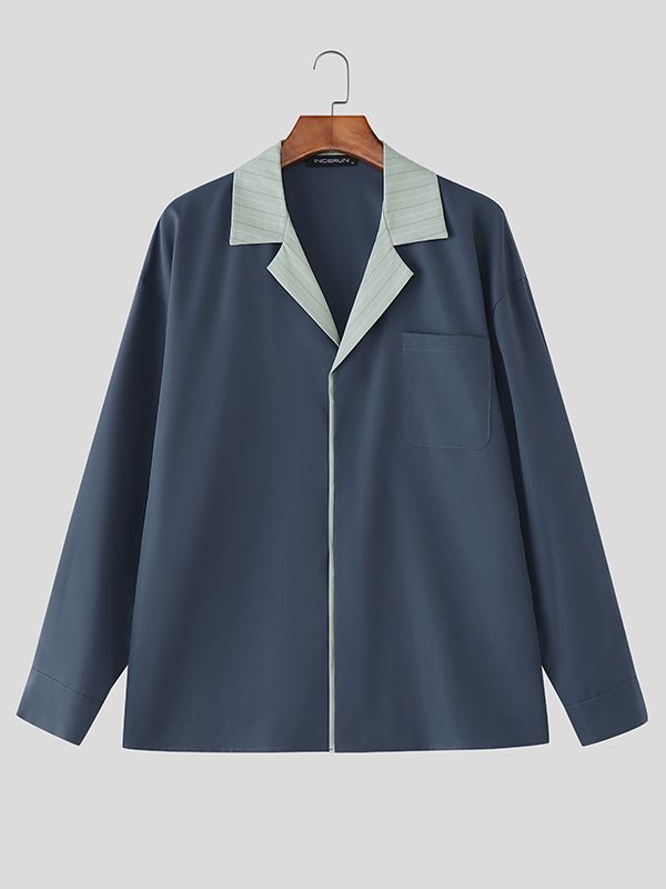 Men's Contrast Collar Striped Long Sleeve Shirt SKUL36458