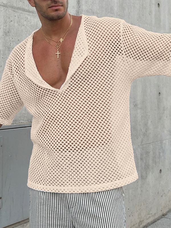 Men's Sheer Mesh Pocket Collar Half Sleeve T-shirt SKUL54681