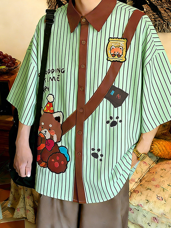Men's Japanese Vintage Vertical Stripe Cartoon Bear Print Contrast Lapel Short Sleeve Shirt SKUL59664