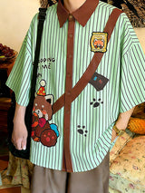 Men's Japanese Vintage Vertical Stripe Cartoon Bear Print Contrast Lapel Short Sleeve Shirt SKUL59664
