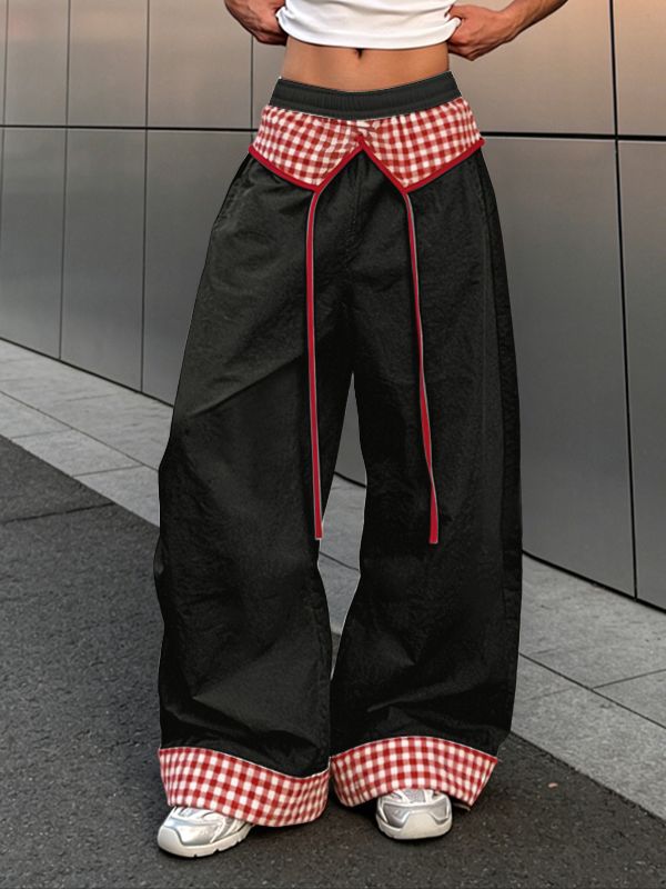 Men's Avant-Garde Gingham Patchwork V-Waist Wide-Leg Pant SKUL62083