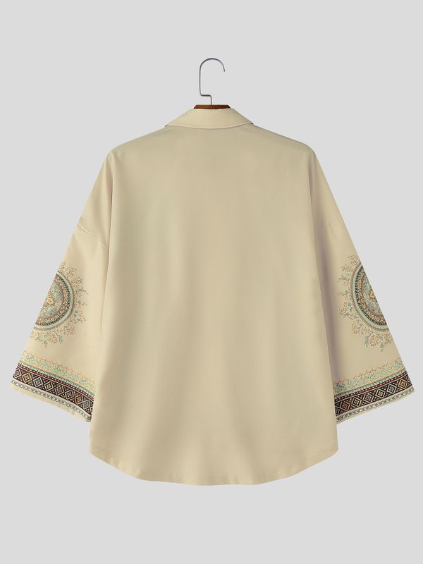 Men's Bohemian Tropical Print Oversized 3/4 Sleeve Pullover Shirt SKUL67355