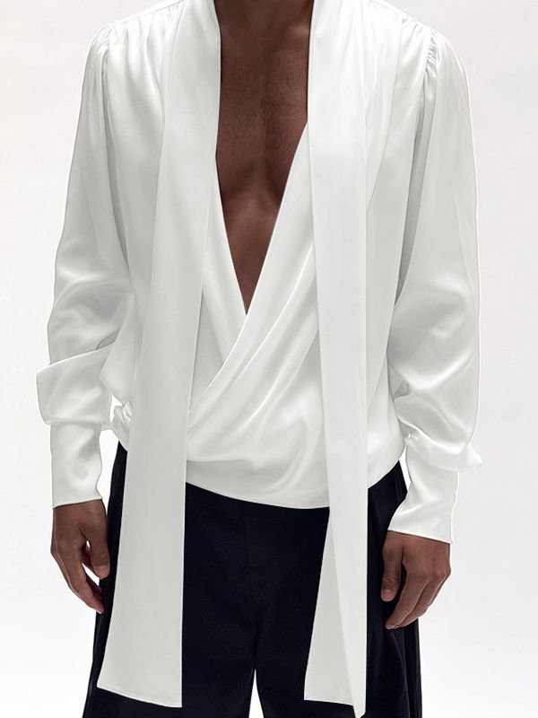 Men's Ribbon Tie Design Draped Neck Long Sleeve Shirt SKUL47590