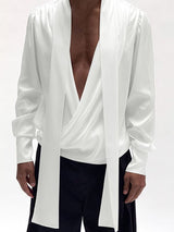 Men's Ribbon Tie Design Draped Neck Long Sleeve Shirt SKUL47590