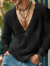 Mens Textured V-Neck Long Sleeve T-Shirt SKUK67981