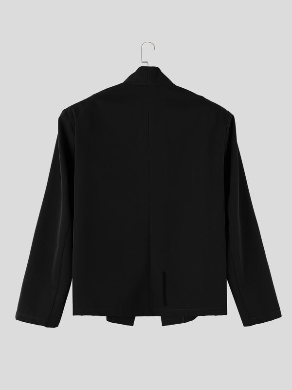 Men's Zen Minimalist Tea Gathering Overlap V-Neck Shawl Collar Buttonless Blazer SKUL85966