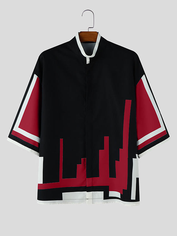 Men's Cyberpunk Pixel Geometric Block Contrast Stand Collar Short Sleeve Shirt SKUL61165