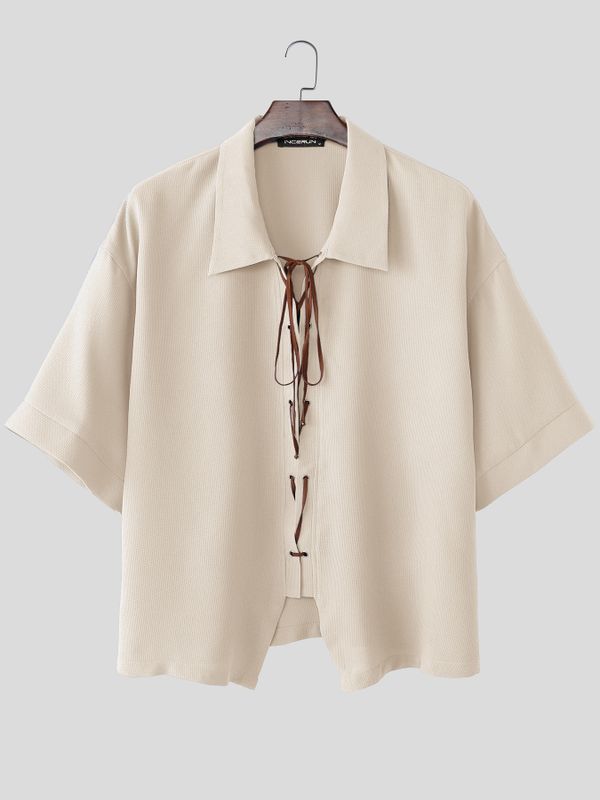 Men's Modern Relaxed Waffle Knit Lace-Up V-Neck Asymmetrical Hem Shirt SKUL59598