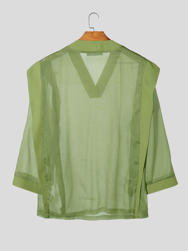 Men's Unisex Avant-Garde Architectural Sheer Organza V-Neck Strong-Shoulder T-shirt SKUL60205