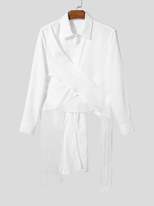 Men's Tassel Patchwork Twist Tie Long Sleeve Shirt SKUL37907