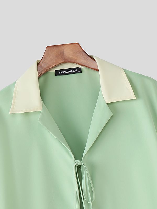 Men's Color Block Drawstring Patchwork Short Sleeve Shirt SKUL39357