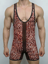 Men's Wild Sexy Leopard Print Mesh Spliced Deep U Neck Bodysuit SKUL73617