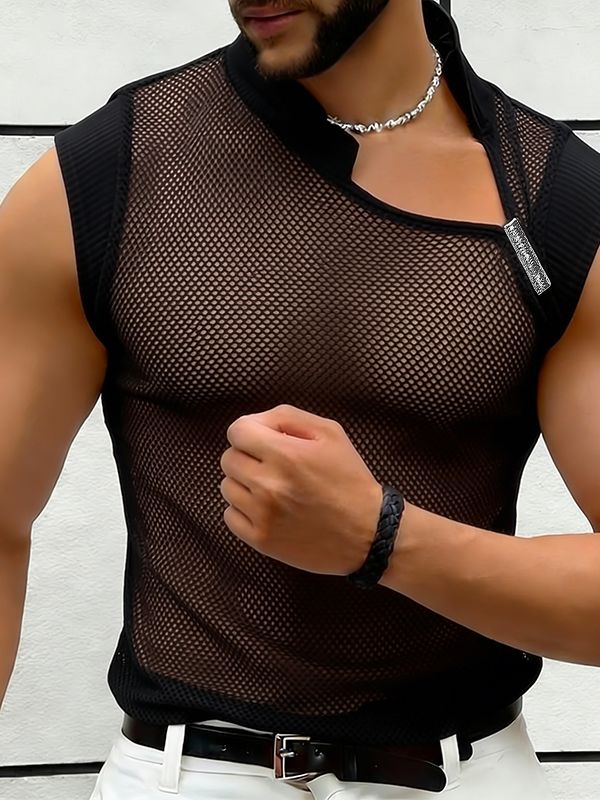 Men's Avant-Garde Asymmetrical Mock Neck Mesh Tank SKUL56627