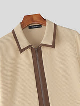 Men's Knit Contrast Color Zipper Short Sleeve Cardigan SKUL48006